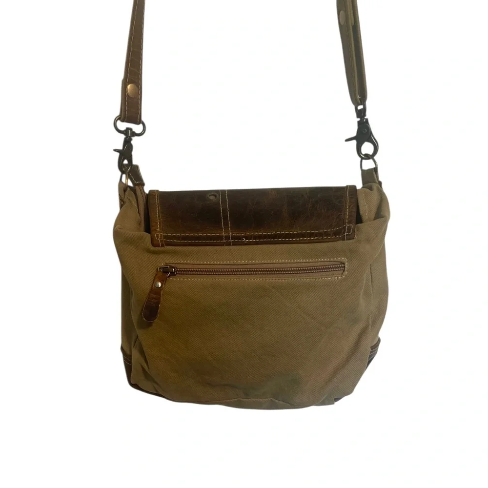 Myra Bag Crossbody Messenger Distressed Leather & Canvas Shoulder Handbag Purse - Picture 5 of 15